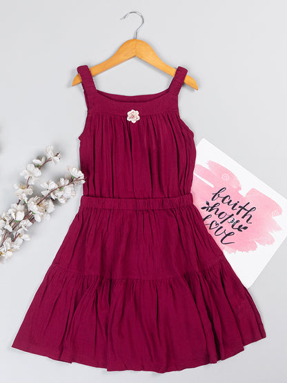 Pampolina Solid Summer Cotton Dress For Baby Girl With Elastic Belt -Wine