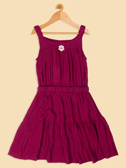 Pampolina Solid Summer Cotton Dress For Baby Girl With Elastic Belt -Wine