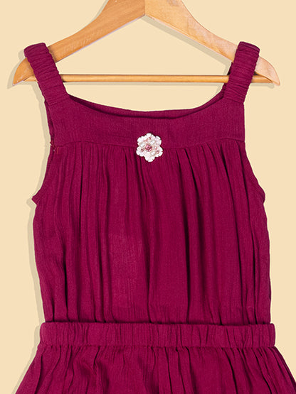 Pampolina Solid Summer Cotton Dress For Baby Girl With Elastic Belt -Wine