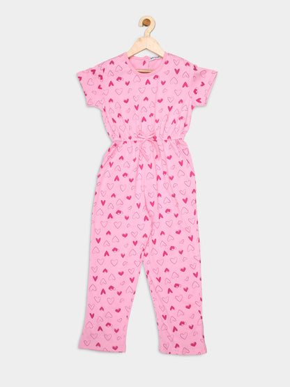 Pampolina Girls Heart Printed Jump Suit-Pink