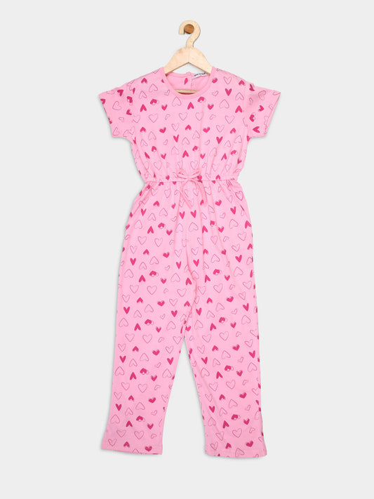 Pampolina Girls Heart Printed Jump Suit-Pink