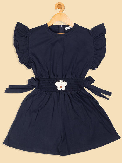 Pampolina Girls Solid Jumpsuit With  Waist Belt- Navy