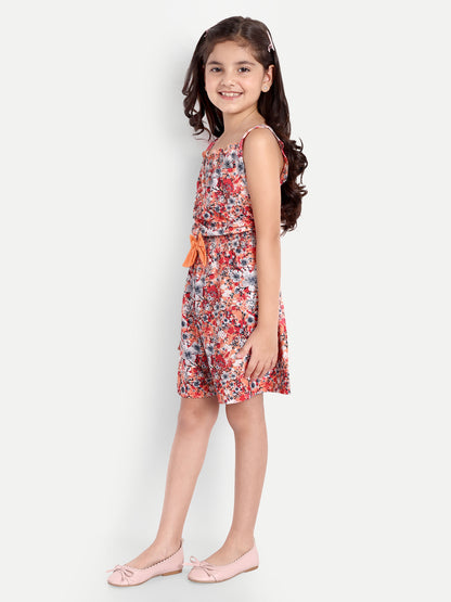 Pampolina Girls Floral Printed Jumpsuit- Peach