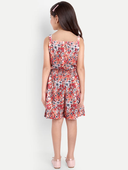 Pampolina Girls Floral Printed Jumpsuit- Peach