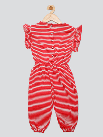 Pampolina Girls Striped Printed Jump Suit-  Coral