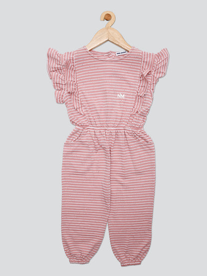 Pampolina Girls Striped Printed Jump Suit- Peach