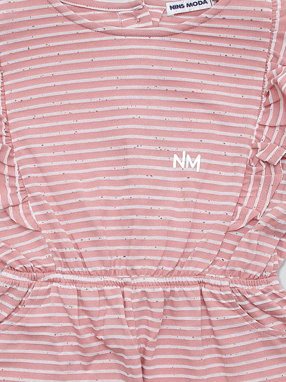 Pampolina Girls Striped Printed Jump Suit- Peach