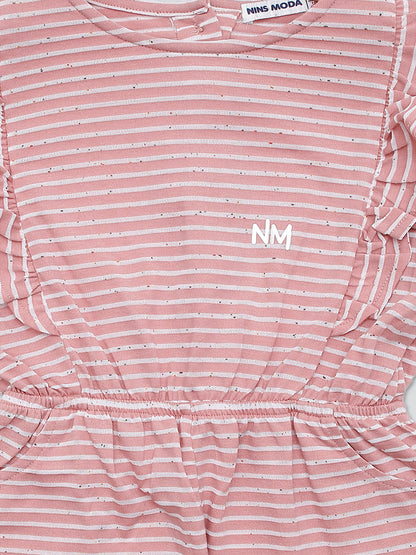 Pampolina Girls Striped Printed Jump Suit- Peach