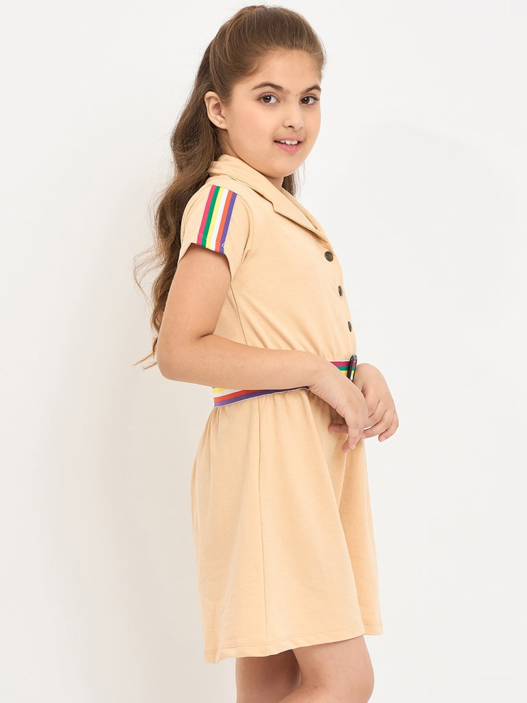 Pampolina Girls Solid Half Sleeve Collar Neck Jumpsuit - Fawn