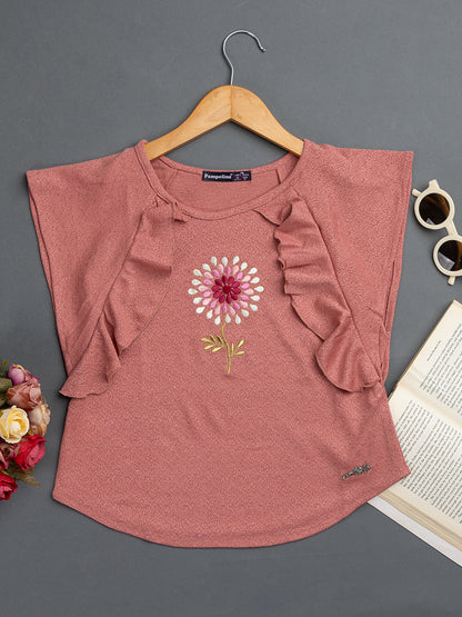Pampolina Girls Half Sleeve Floral Printed Top-Peach