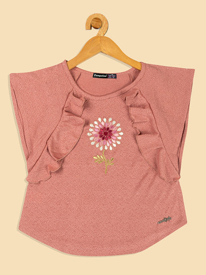 Pampolina Girls Half Sleeve Floral Printed Top-Peach