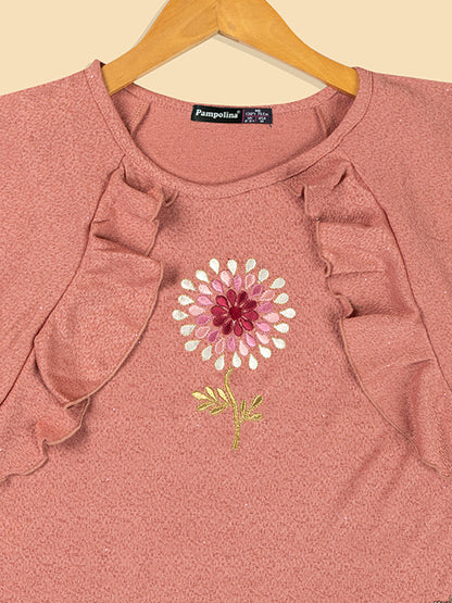 Pampolina Girls Half Sleeve Floral Printed Top-Peach