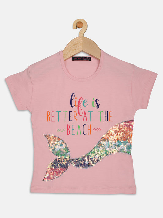 Pampolina Girls Half Sleeve Embellished Printed Top-Pink