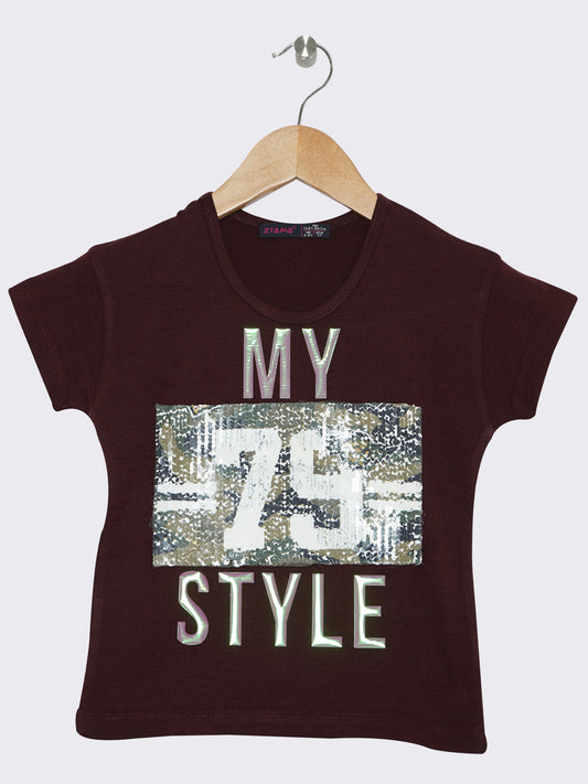Pampolina Girls Half Sleeve Embellished Printed Top-Wine
