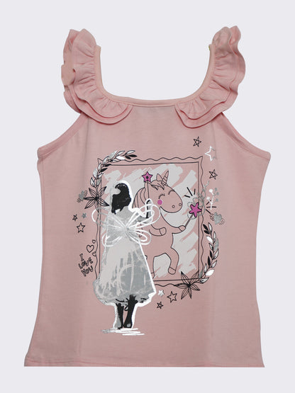 Pampolina Girls Printed Top With Colf Shoulder-Peach