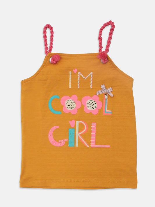 Pampolina  Girls Printed Top With Cold Shoulder-Mustard