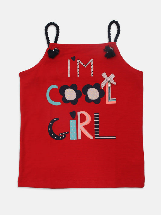 Pampolina Girls Printed Top With Cold Shoulder-Red