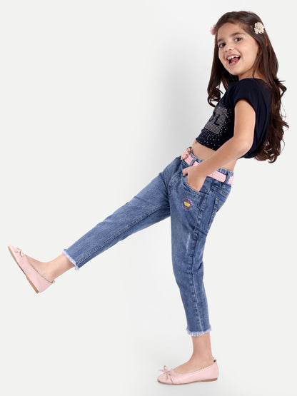Pampolina Girls Denim Solid Capri- L.Blue