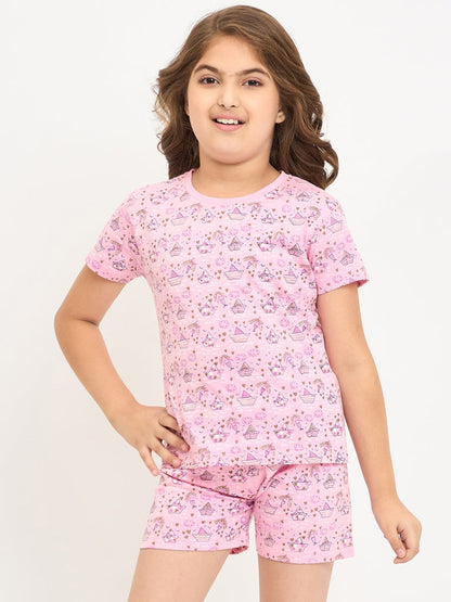 Pampolina Girls Allover Printed Half Sleeve Nightsuit - Pink