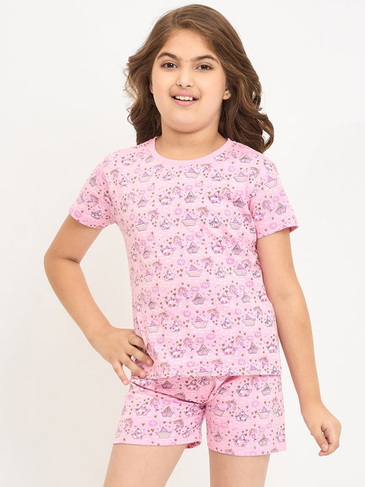 Pampolina Girls Allover Printed Half Sleeve Nightsuit - Pink