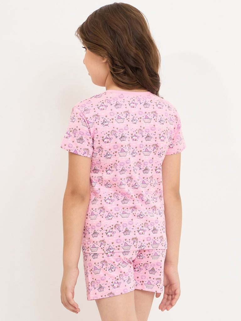 Pampolina Girls Allover Printed Half Sleeve Nightsuit - Pink