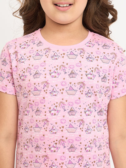 Pampolina Girls Allover Printed Half Sleeve Nightsuit - Pink