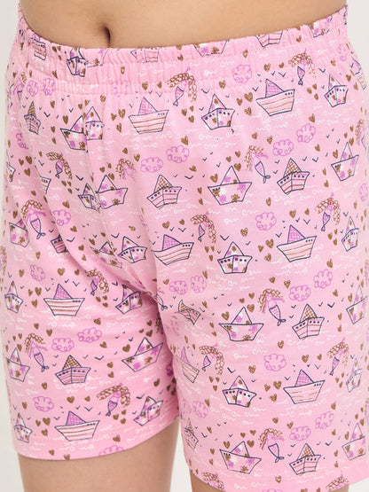 Pampolina Girls Allover Printed Half Sleeve Nightsuit - Pink