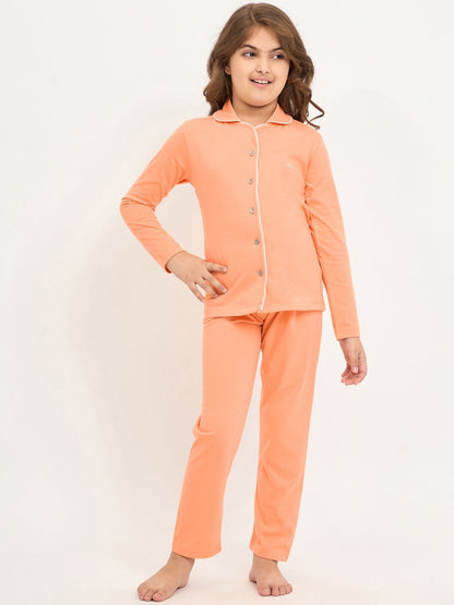 Pampolina Girls Solid Full Sleeve Collar Neck Nightsuit - Orange
