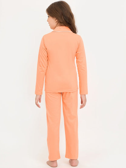 Pampolina Girls Solid Full Sleeve Collar Neck Nightsuit - Orange