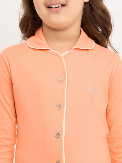 Pampolina Girls Solid Full Sleeve Collar Neck Nightsuit - Orange