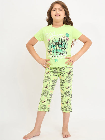 Pampolina Girls Printed Half Sleeve Round Neck Nightsuit - Green