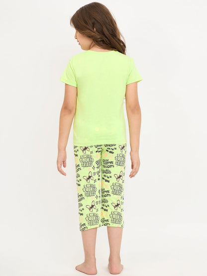 Pampolina Girls Printed Half Sleeve Round Neck Nightsuit - Green