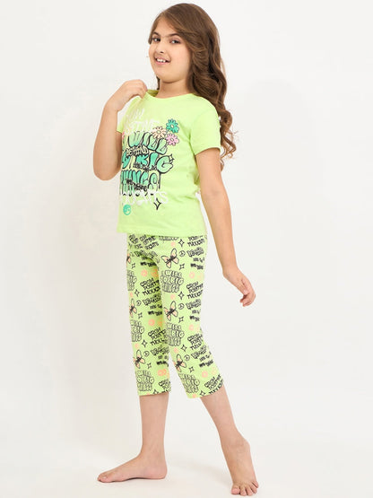 Pampolina Girls Printed Half Sleeve Round Neck Nightsuit - Green