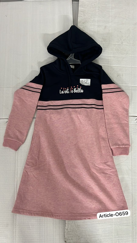 Color Navy Hooded Tunic Dress in Navy and O.Pink with Stripe Detail