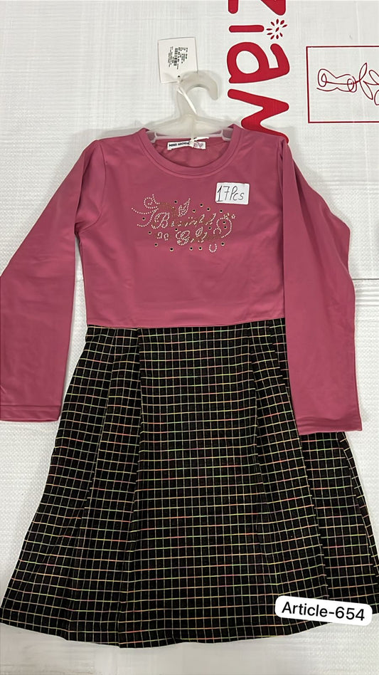 Onion Pink Knit Top & Black Checkered Skirt Girls' Dress | Two-Piece Look