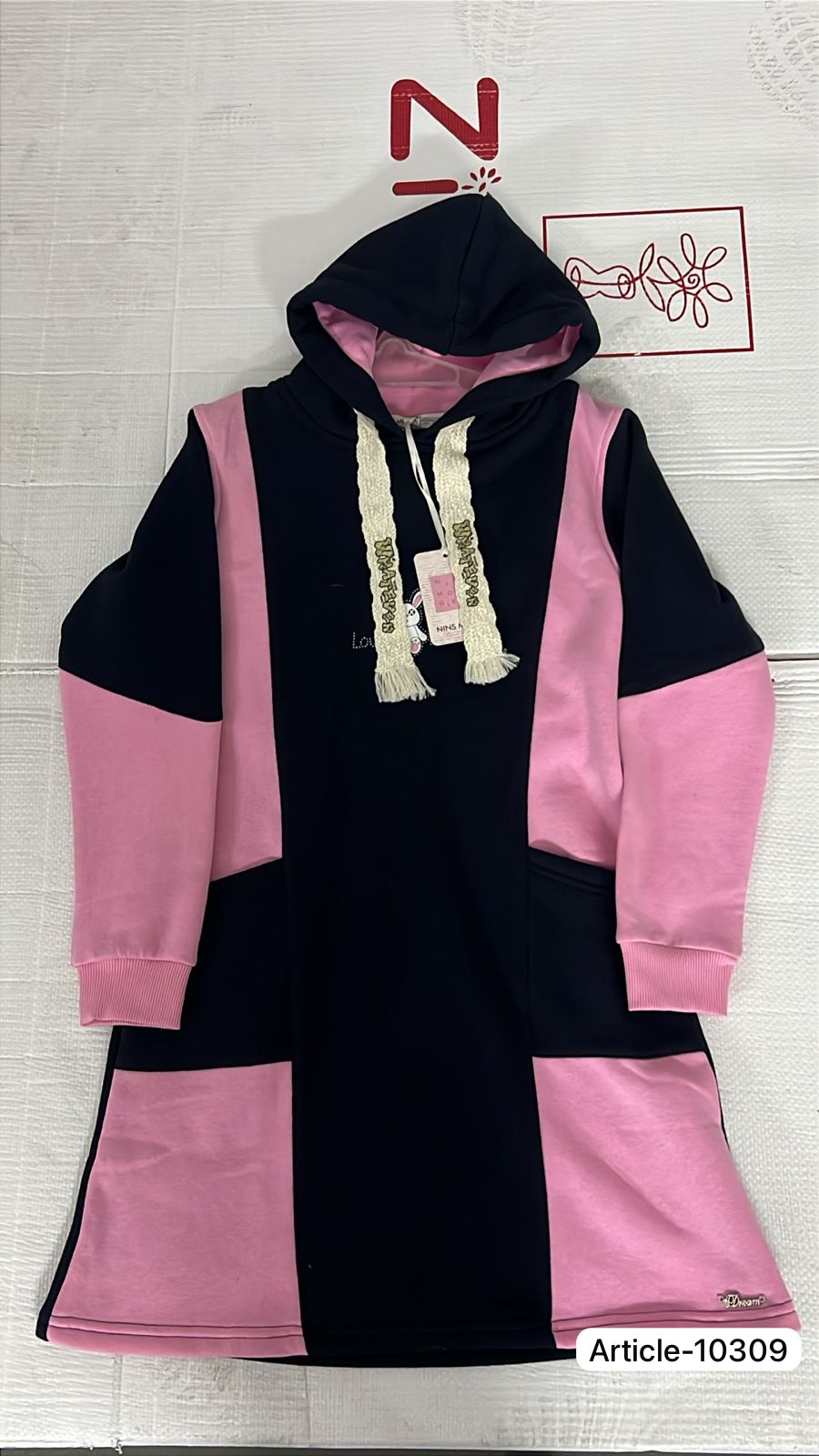 Cozy Navy & Pink Contrast Sweatshirt Dress - Oversized Hoodie with Pockets