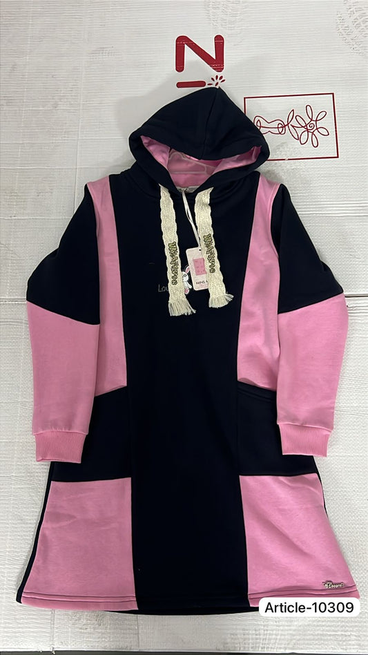 Cozy Navy & Pink Contrast Sweatshirt Dress - Oversized Hoodie with Pockets