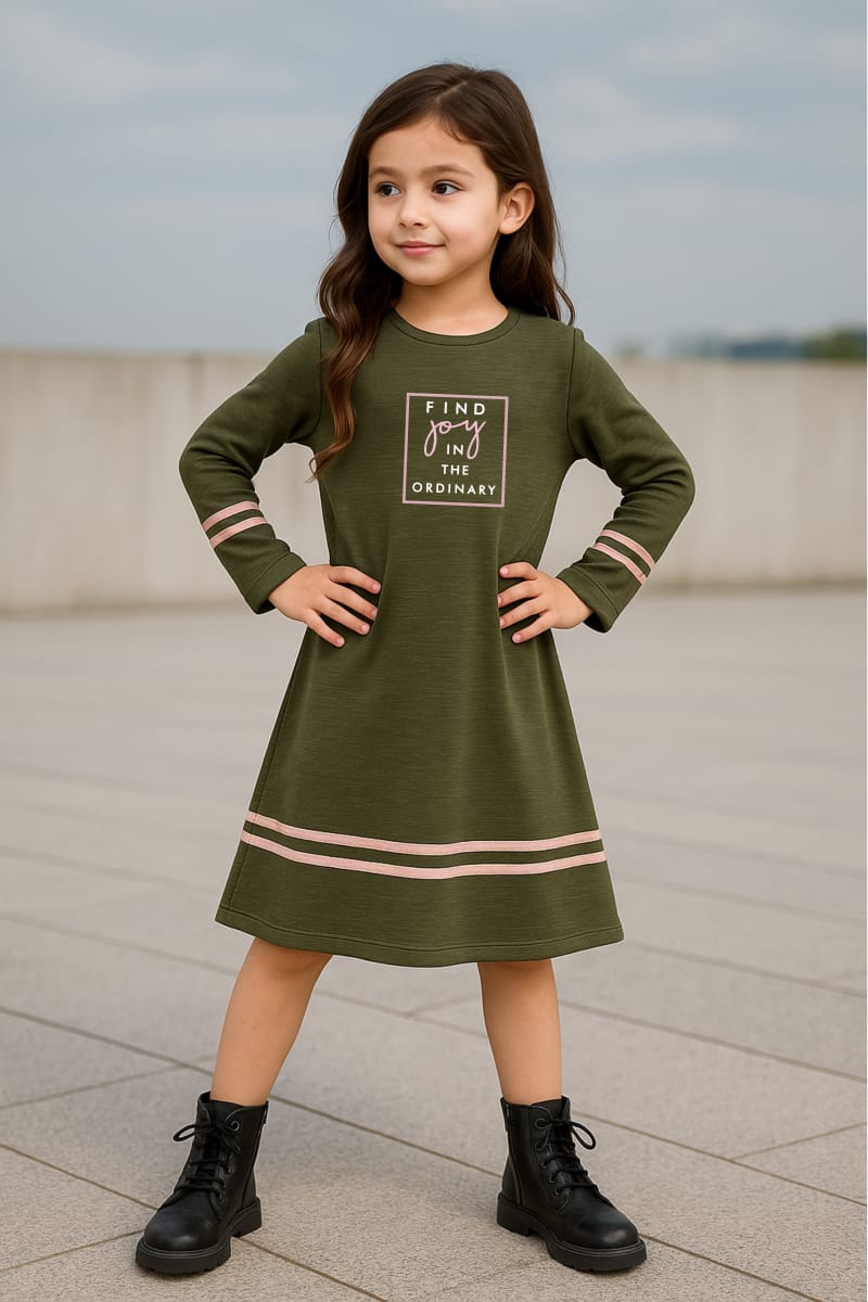 Olive Knit Top &  Solid Skirt Girls' Dress