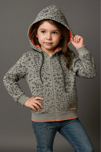 Chic Kids' Full-Zip Hoodie Jacket in Grey Leopard Print
