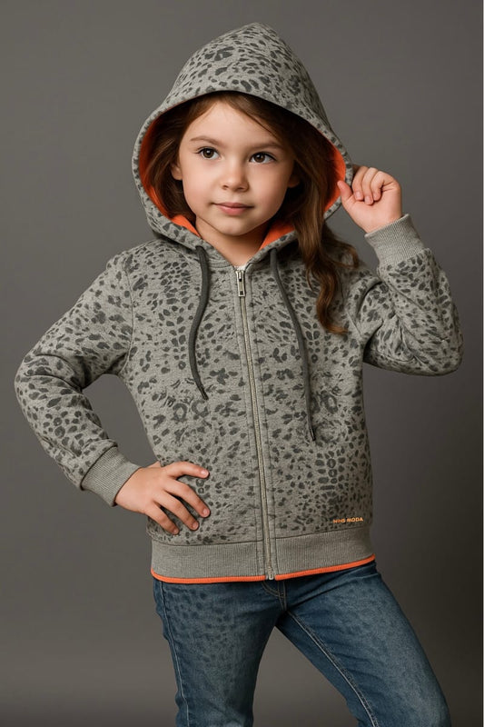 Chic Kids' Full-Zip Hoodie Jacket in Grey Leopard Print