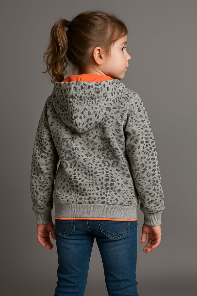 Chic Kids' Full-Zip Hoodie Jacket in Grey Leopard Print