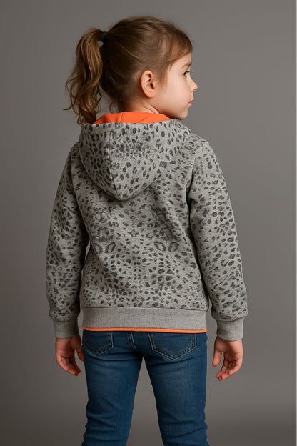 Chic Kids' Full-Zip Hoodie Jacket in Grey Leopard Print