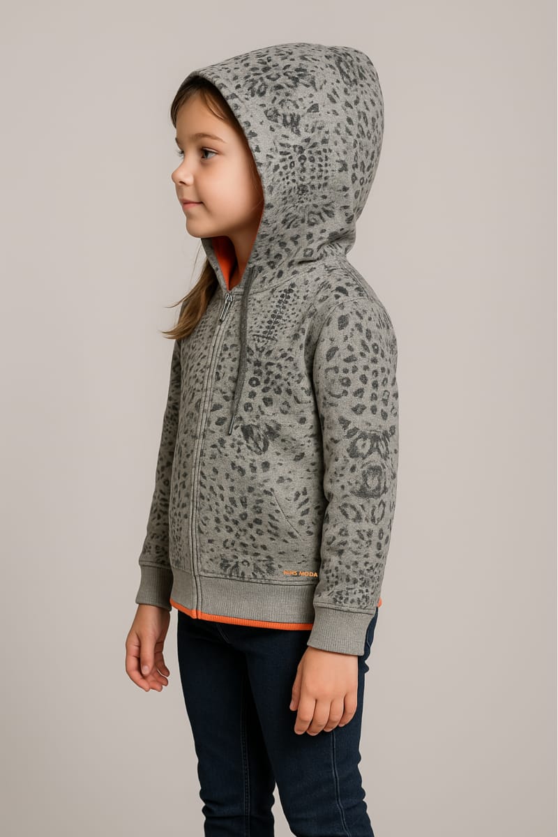Chic Kids' Full-Zip Hoodie Jacket in Grey Leopard Print
