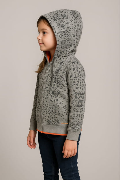 Chic Kids' Full-Zip Hoodie Jacket in Grey Leopard Print
