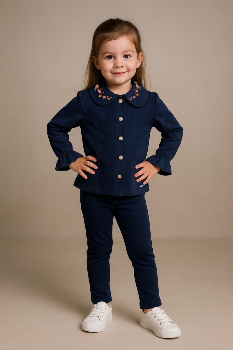 Charming Girls' Navy Blue Set with Embellished Peter Pan Collar