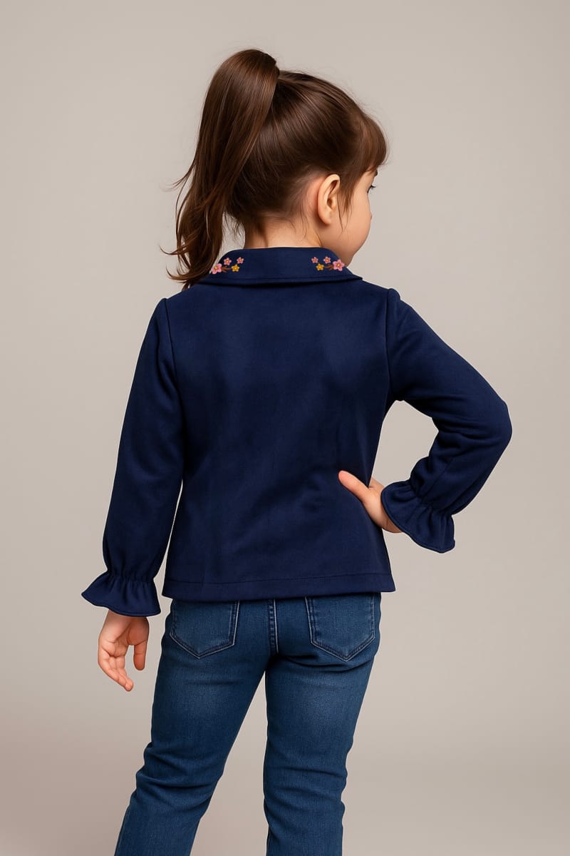 Charming Girls' Navy Blue Set with Embellished Peter Pan Collar