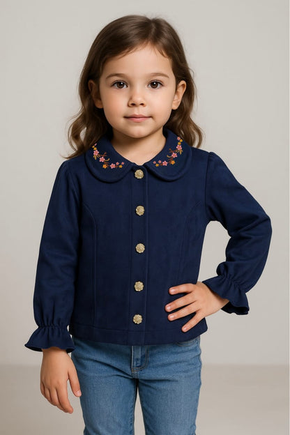 Charming Girls' Navy Blue Set with Embellished Peter Pan Collar