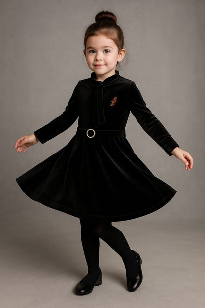 Elegant Black Velvet A-Line Dress with Tie-Neck Collar and Belt