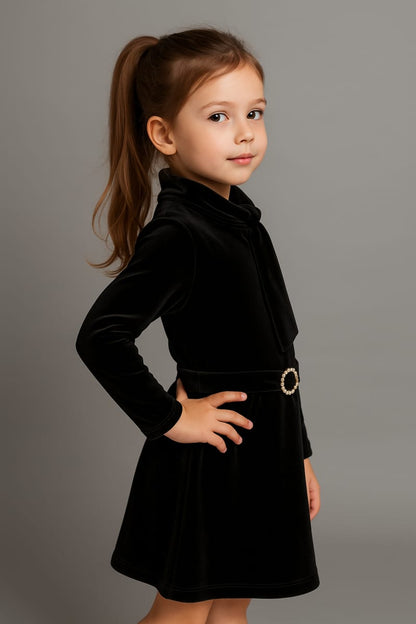 Elegant Black Velvet A-Line Dress with Tie-Neck Collar and Belt
