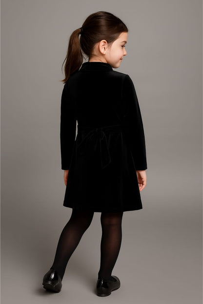 Elegant Black Velvet A-Line Dress with Tie-Neck Collar and Belt